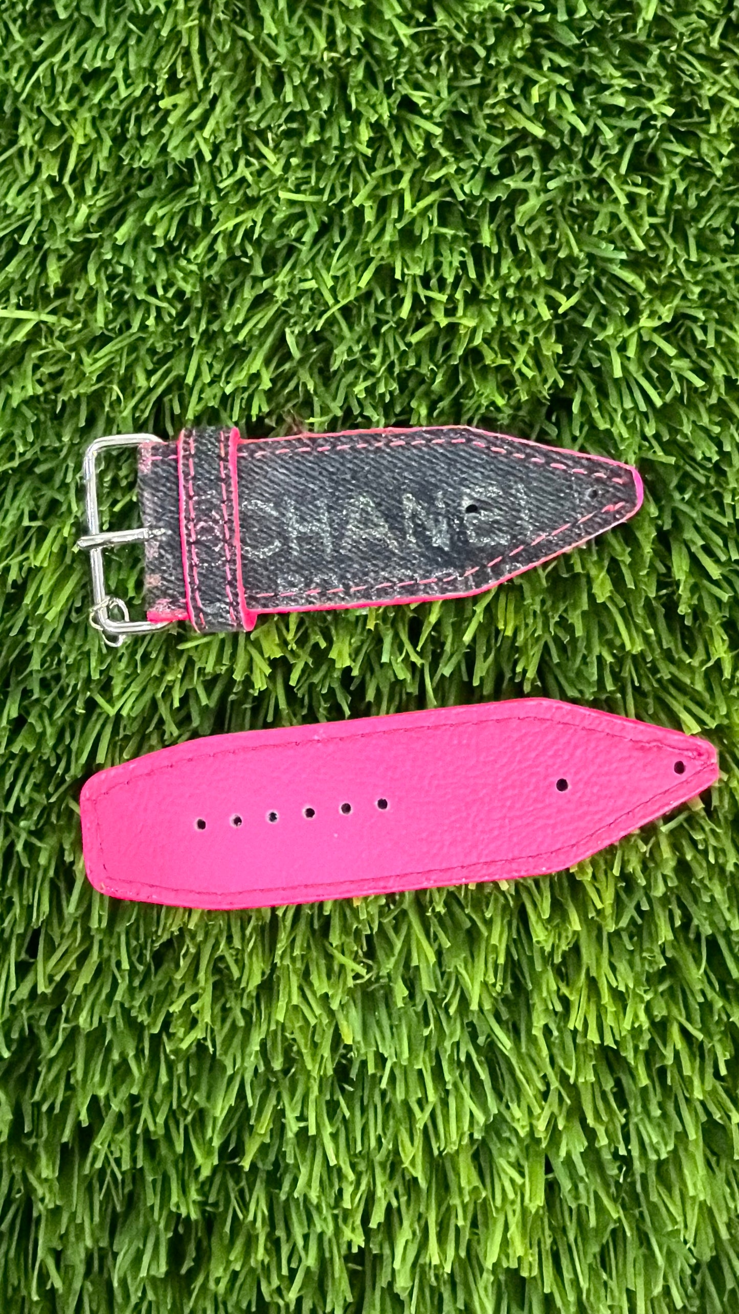 OTD-Authentic Upcycled Chanel Black Denim All Neon Pink