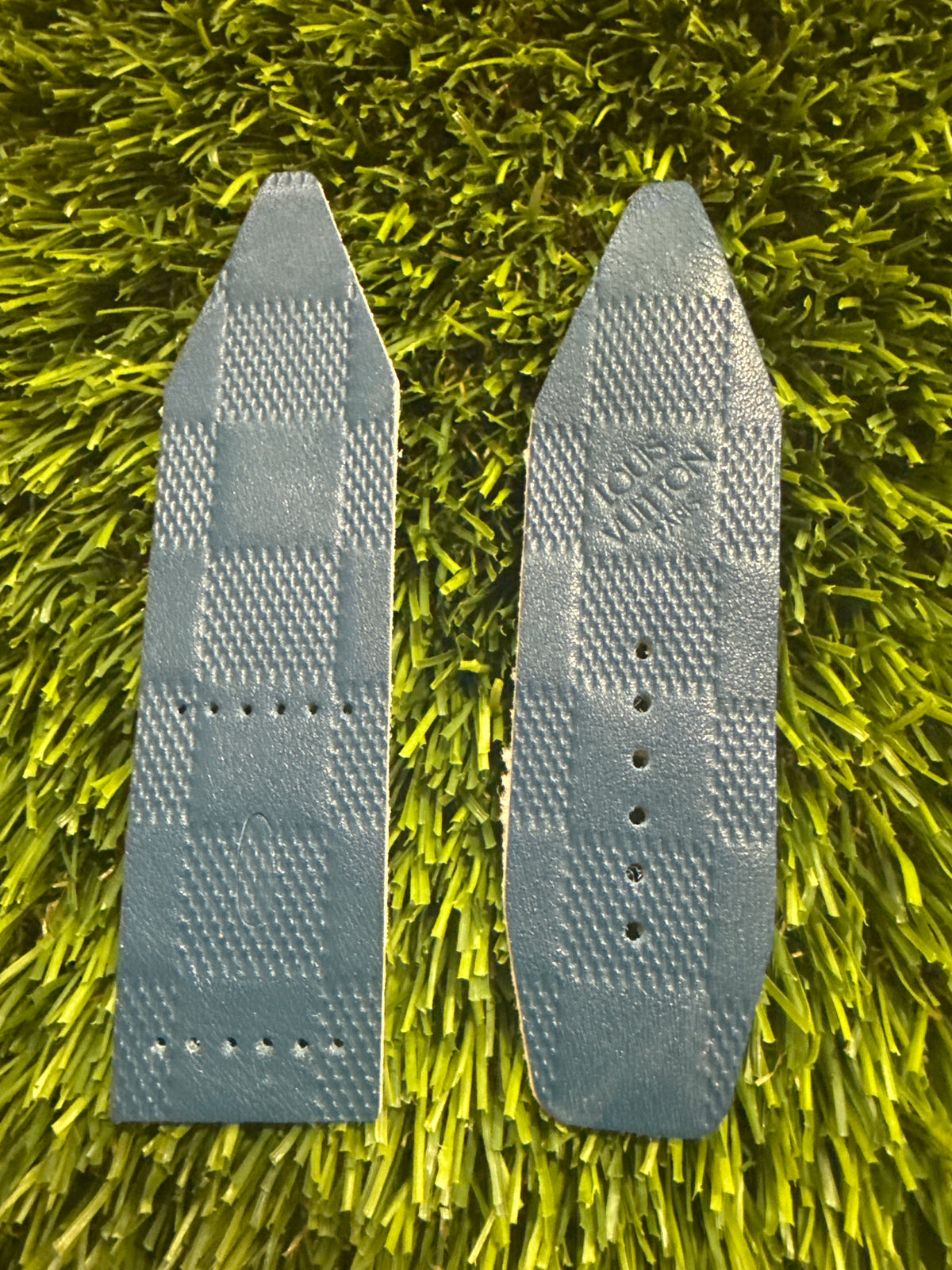 Blemished-LC-Alpha-Authentic Upcycled Blue Damier Infini Logo on Tongue