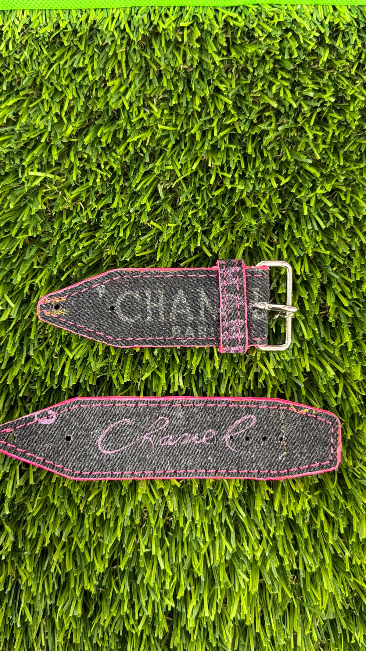 OTD-Authentic Upcycled Chanel Black Denim All Neon Pink