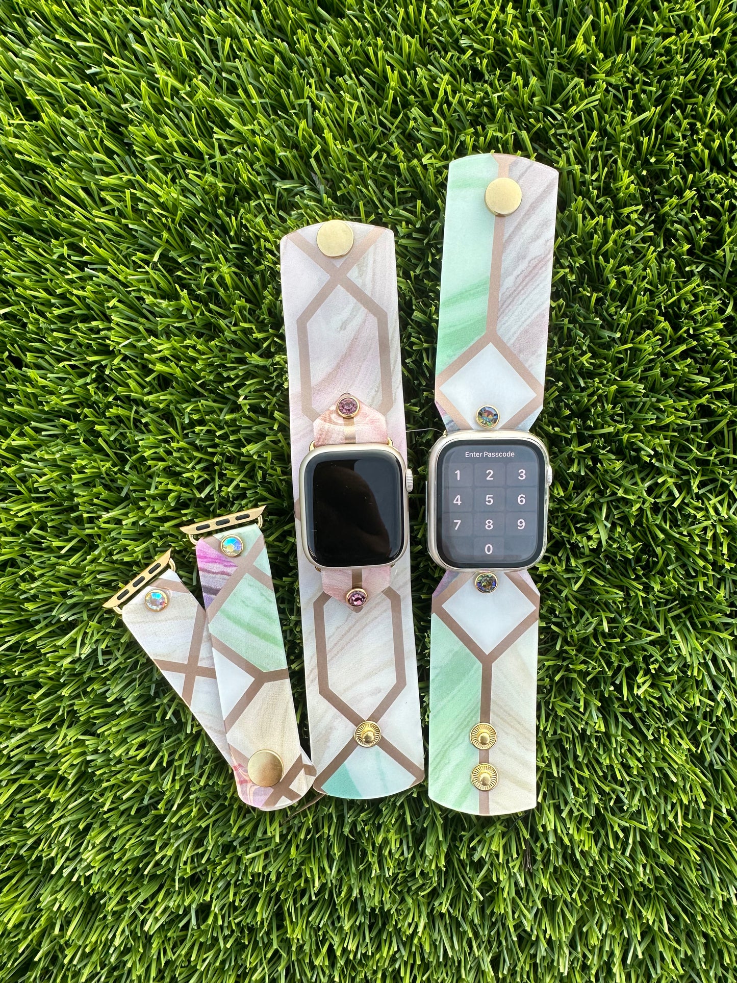 The Stained Glass band is made from an upcycled waterproof material. This band is paired with a gold rimmed crystal that will match the colors on each band.