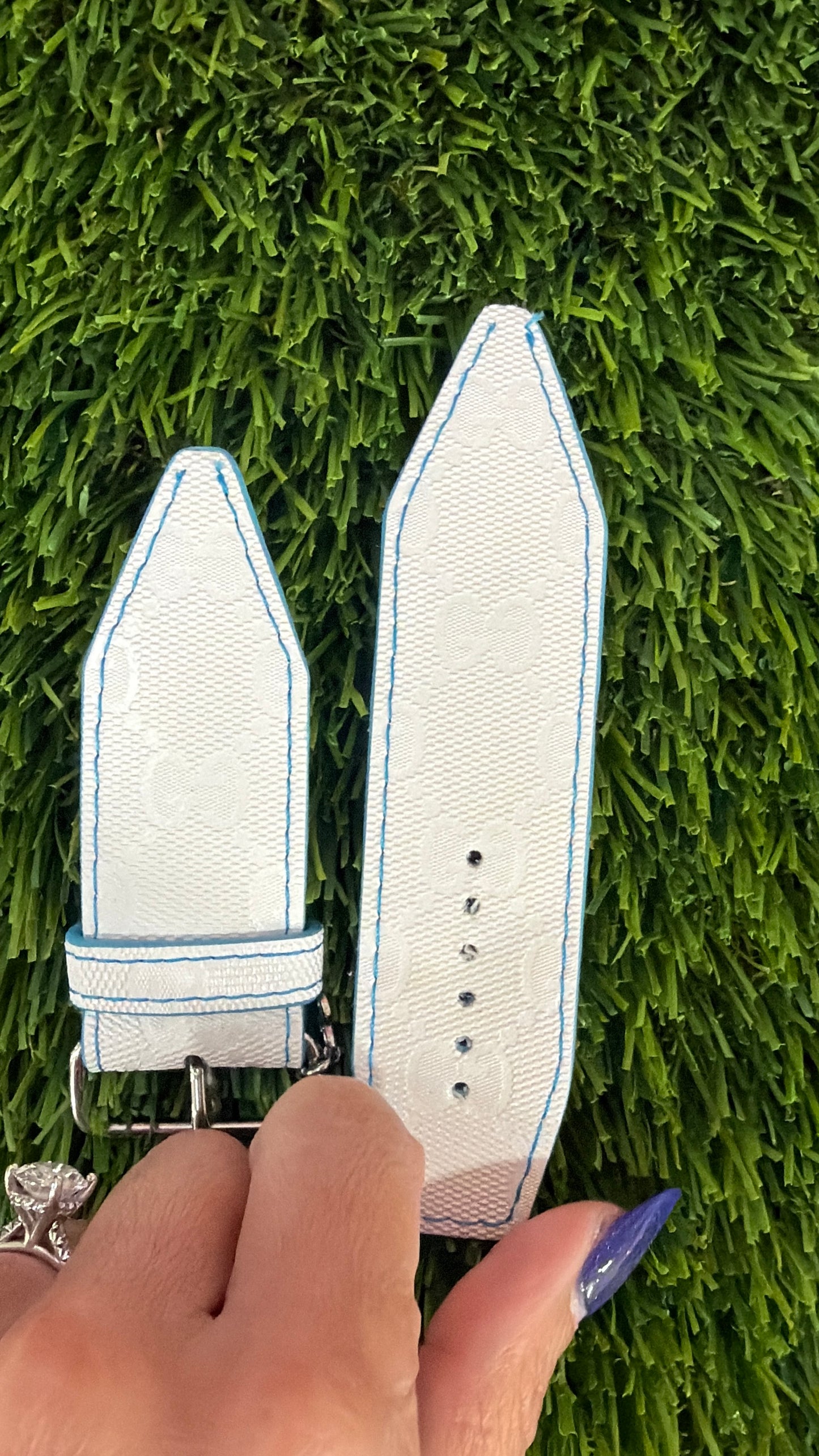 OTD-Authentic Upcycled White GG Imprime with Sky Blue