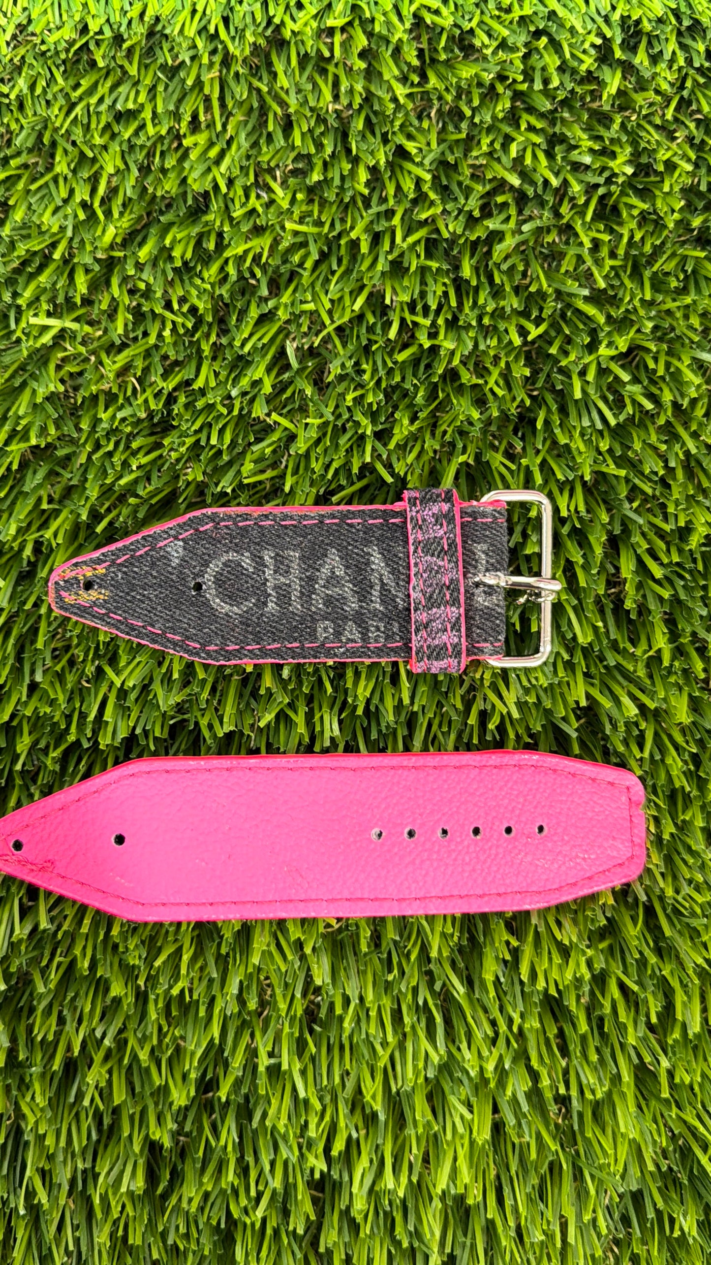 OTD-Authentic Upcycled Chanel Black Denim All Neon Pink