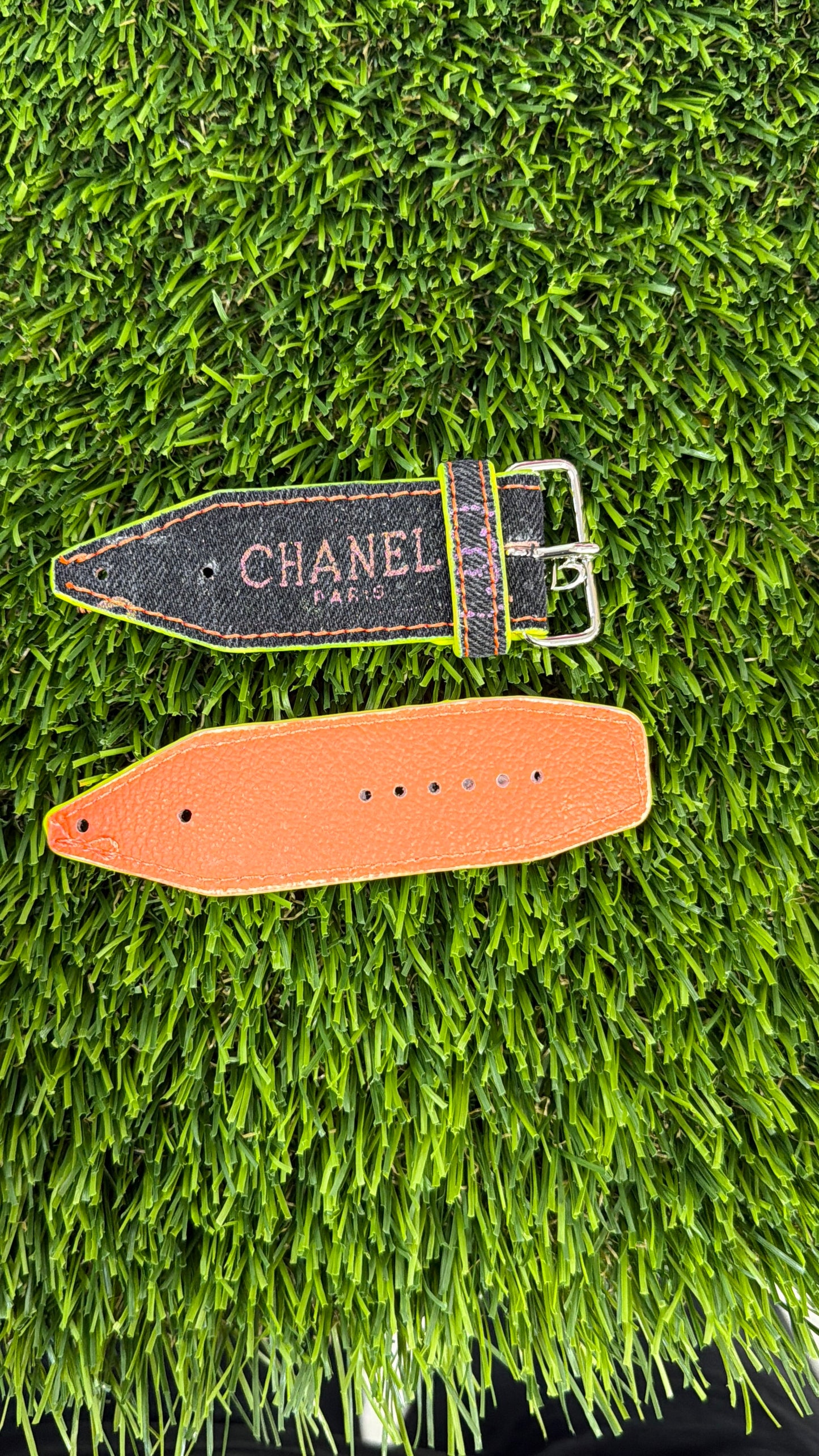 OTD-Authentic Upcycled Chanel Black Denim Neon Yellow w/ Neon Orange