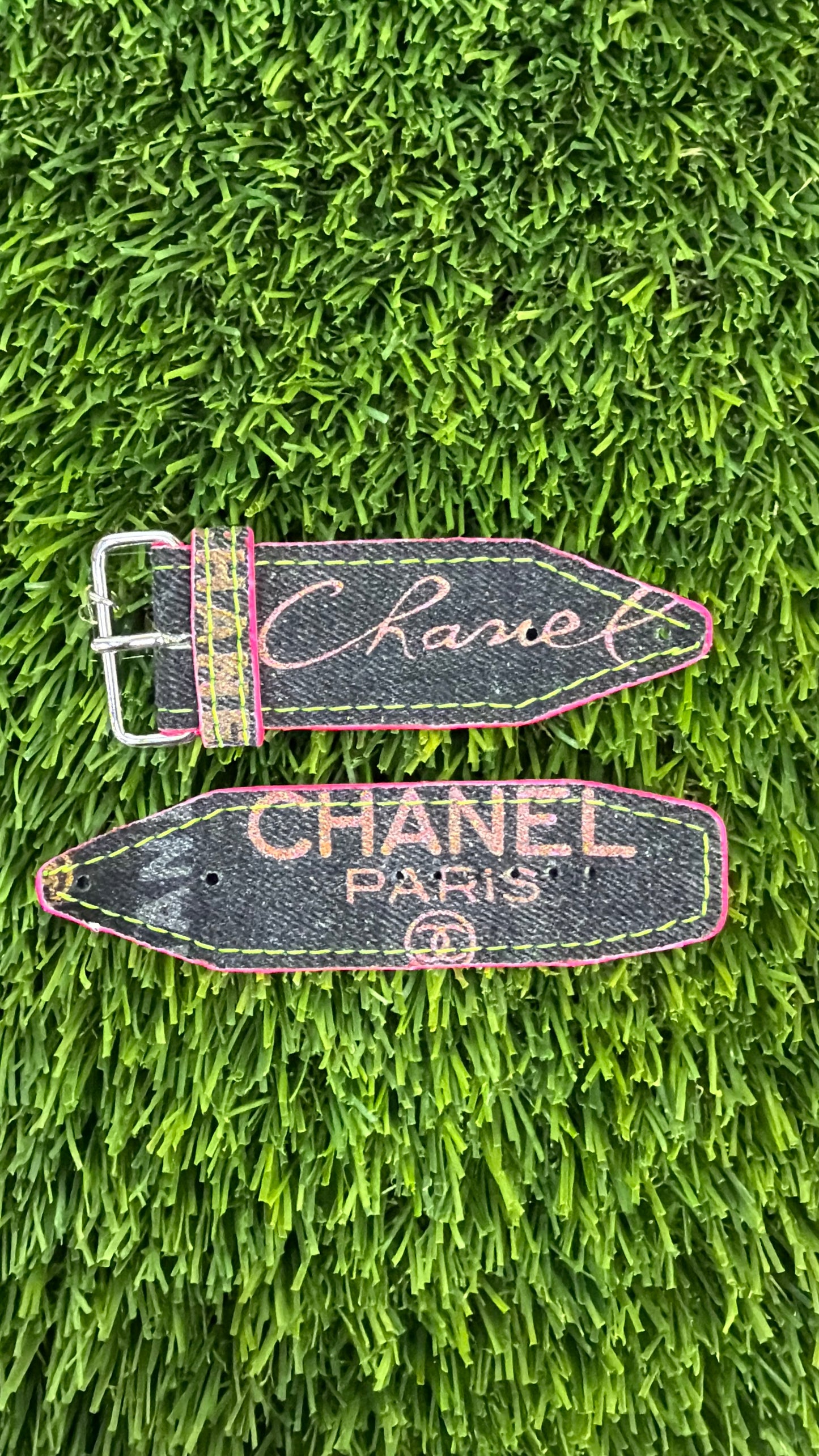 OTD-Authentic Upcycled Chanel Black Denim Neon Pink w/ Neon Yellow