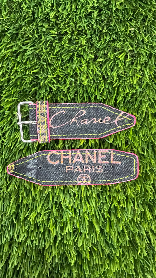 OTD-Authentic Upcycled Chanel Black Denim Neon Pink w/ Neon Yellow