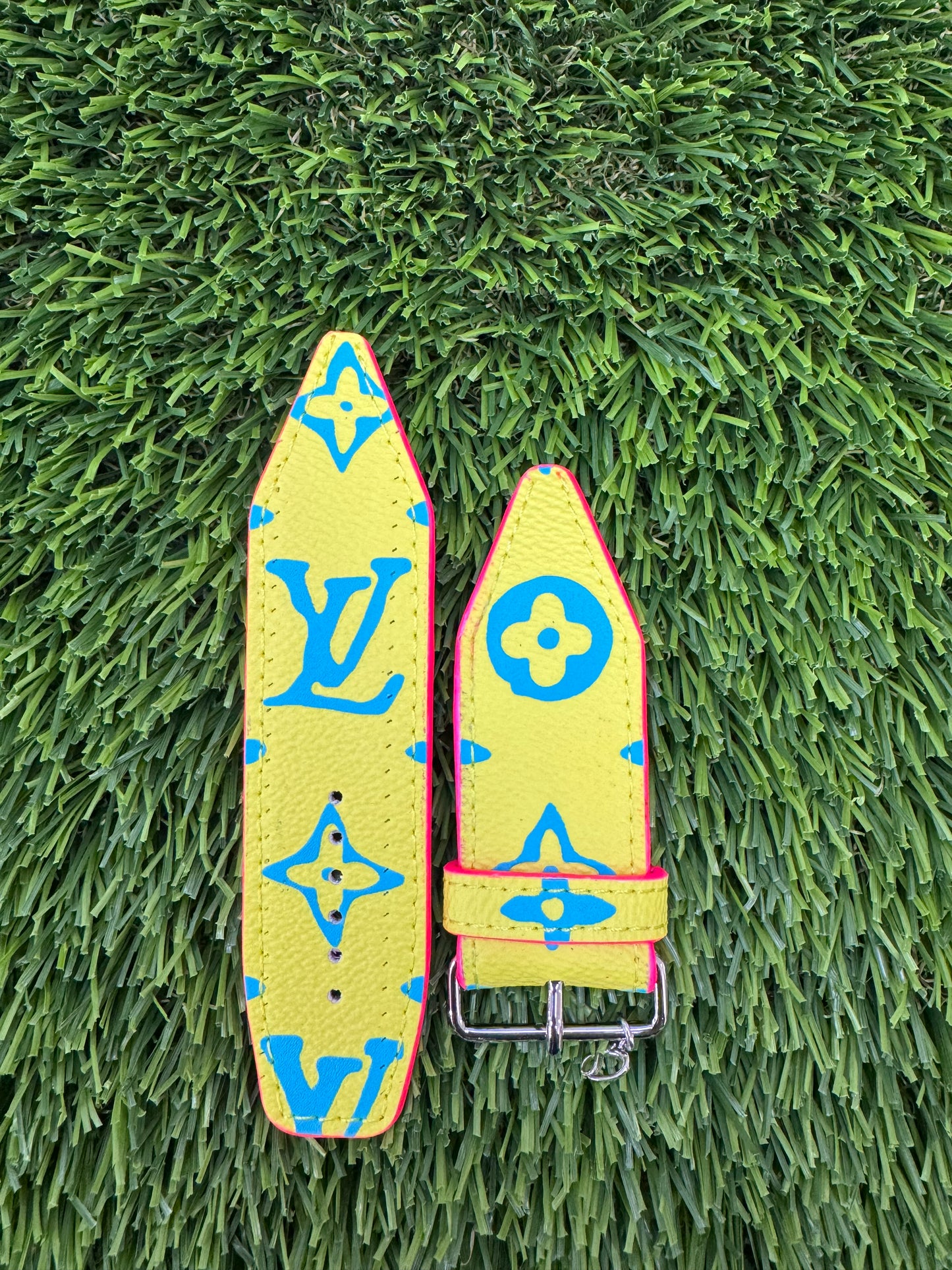 Blemished- Beta Authentic Upcycled LV Neon Yellow with Blue Monogram Limited Edition