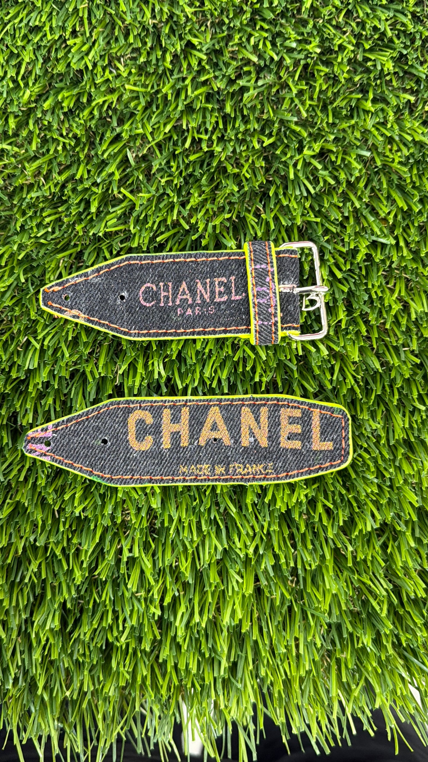 OTD-Authentic Upcycled Chanel Black Denim Neon Yellow w/ Neon Orange