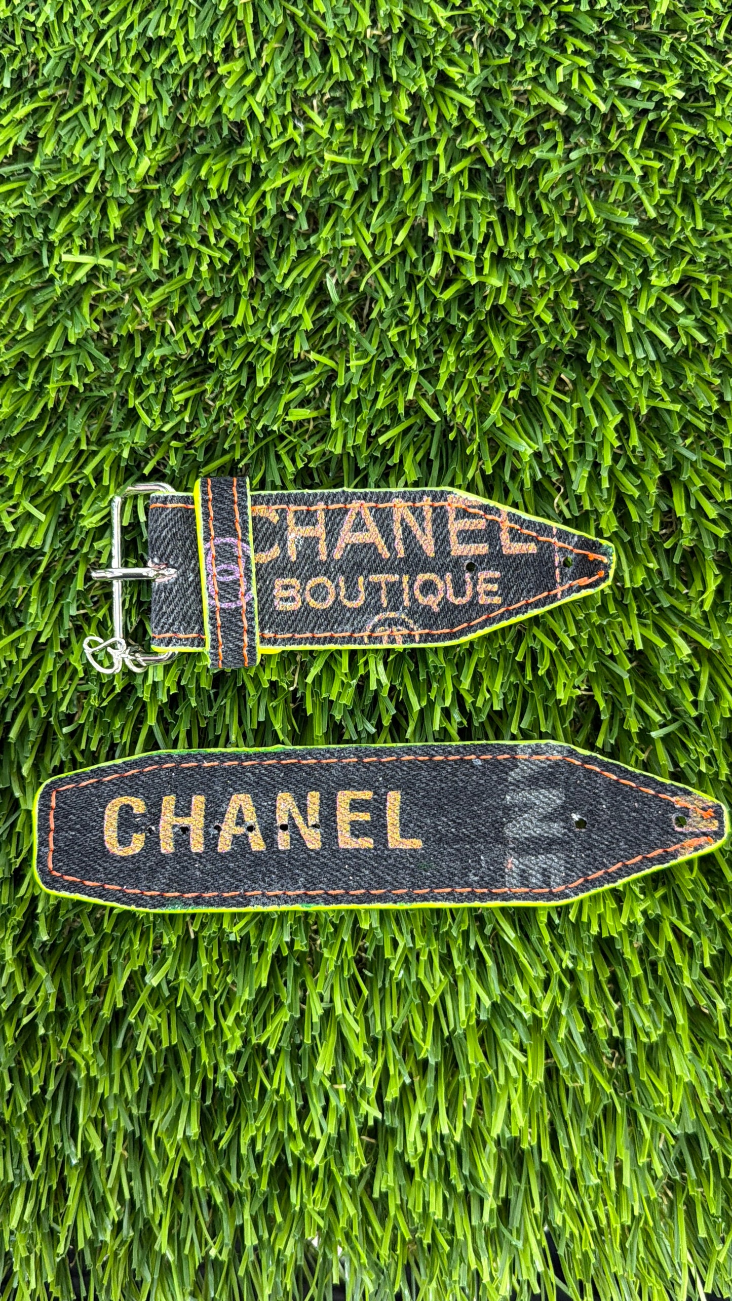OTD-Authentic Upcycled Chanel Black Denim Neon Yellow w/ Neon Orange