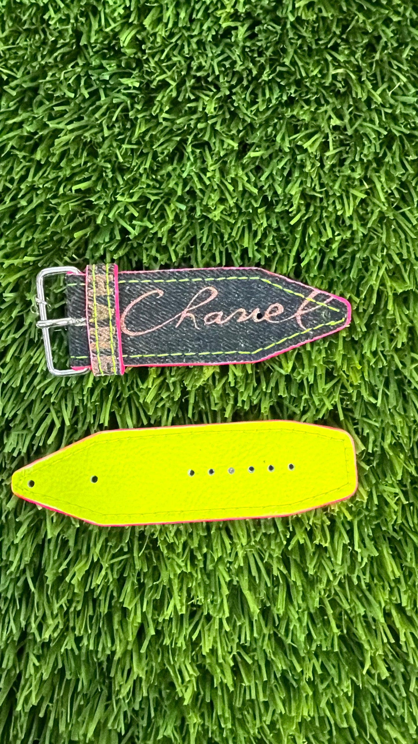 OTD-Authentic Upcycled Chanel Black Denim Neon Pink w/ Neon Yellow
