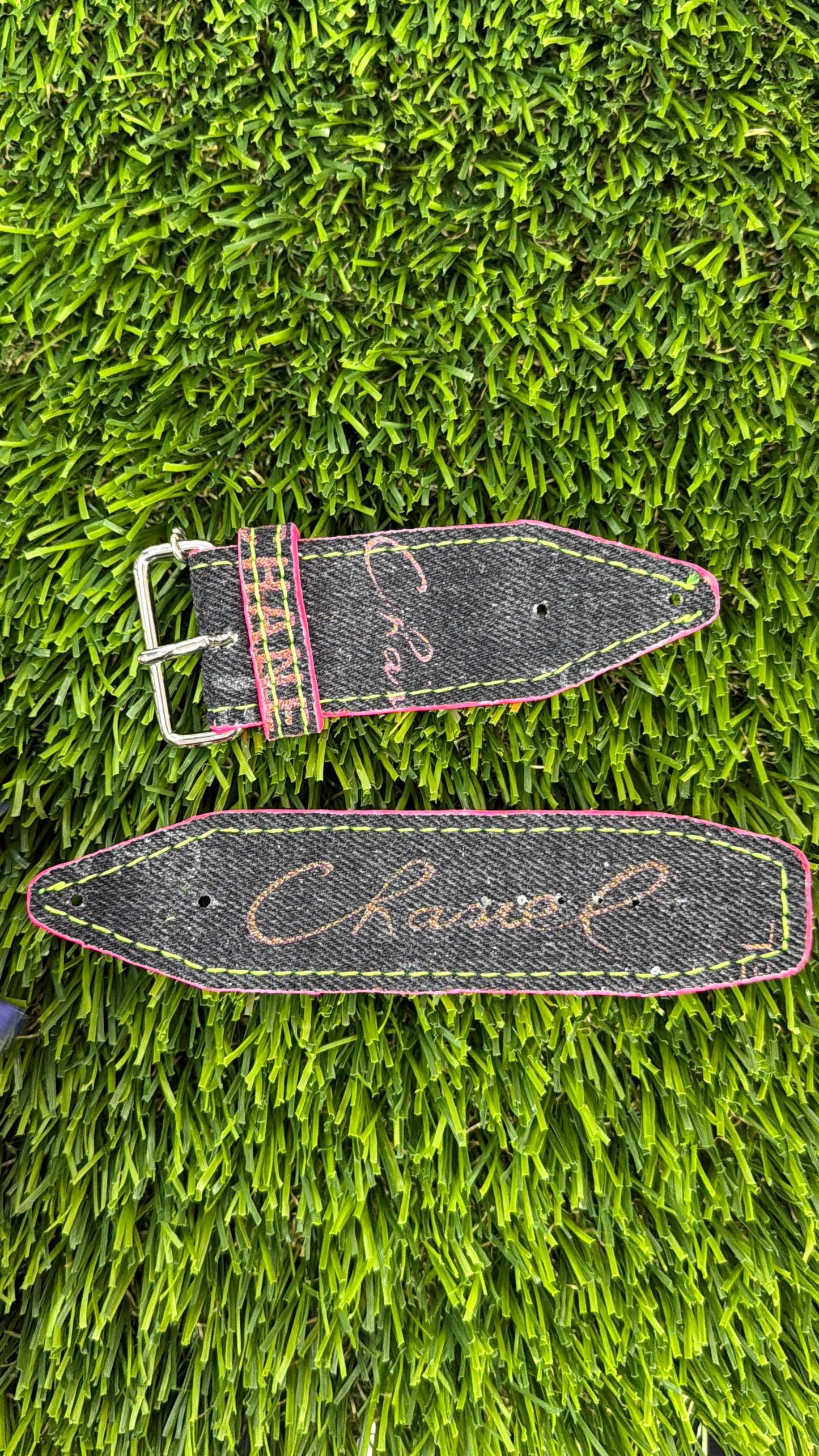 OTD-Authentic Upcycled Chanel Black Denim Neon Pink w/ Neon Yellow