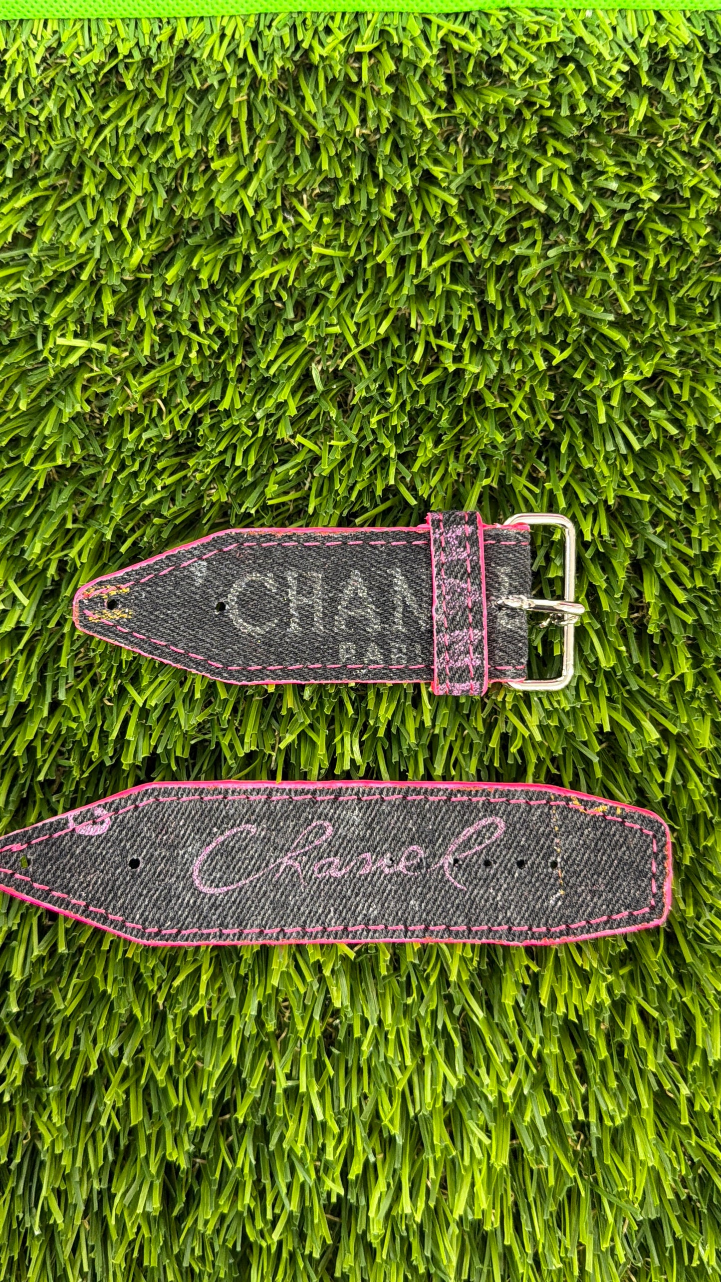OTD-Authentic Upcycled Chanel Black Denim All Neon Pink