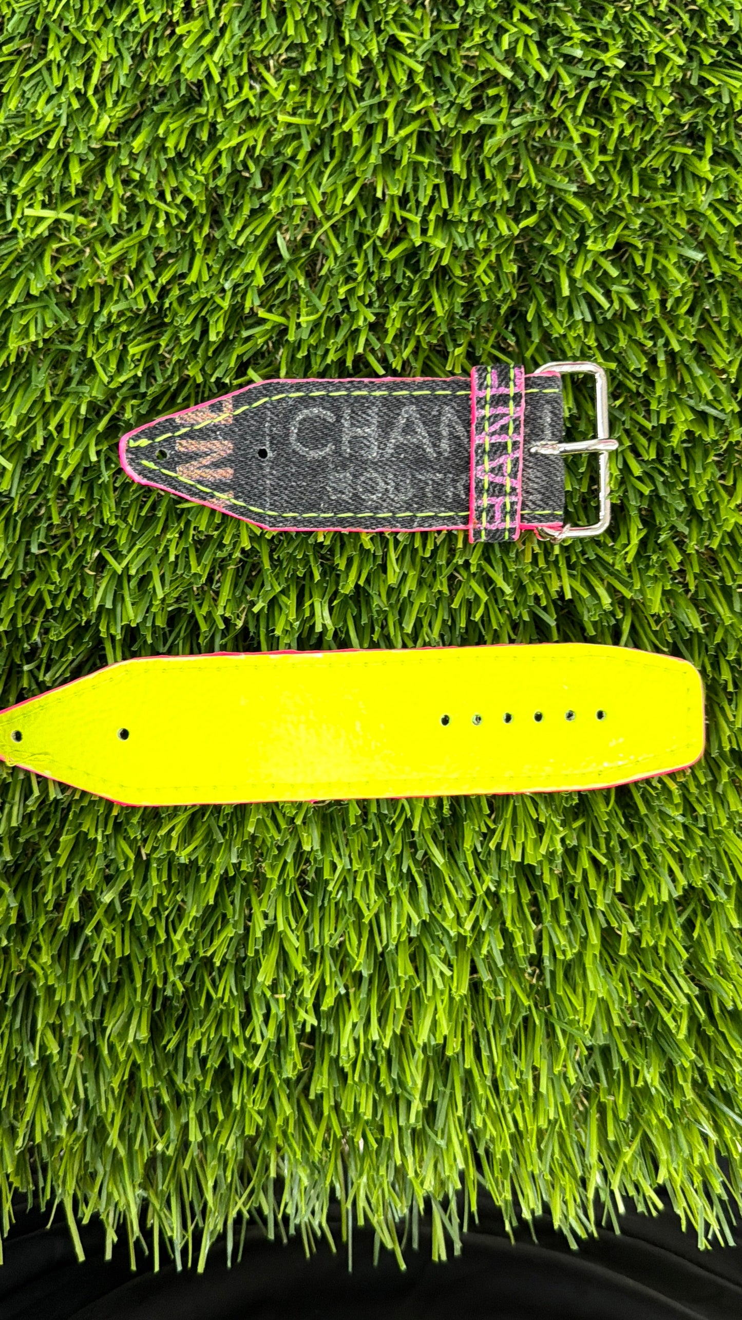 OTD-Authentic Upcycled Chanel Black Denim Neon Pink w/ Neon Yellow