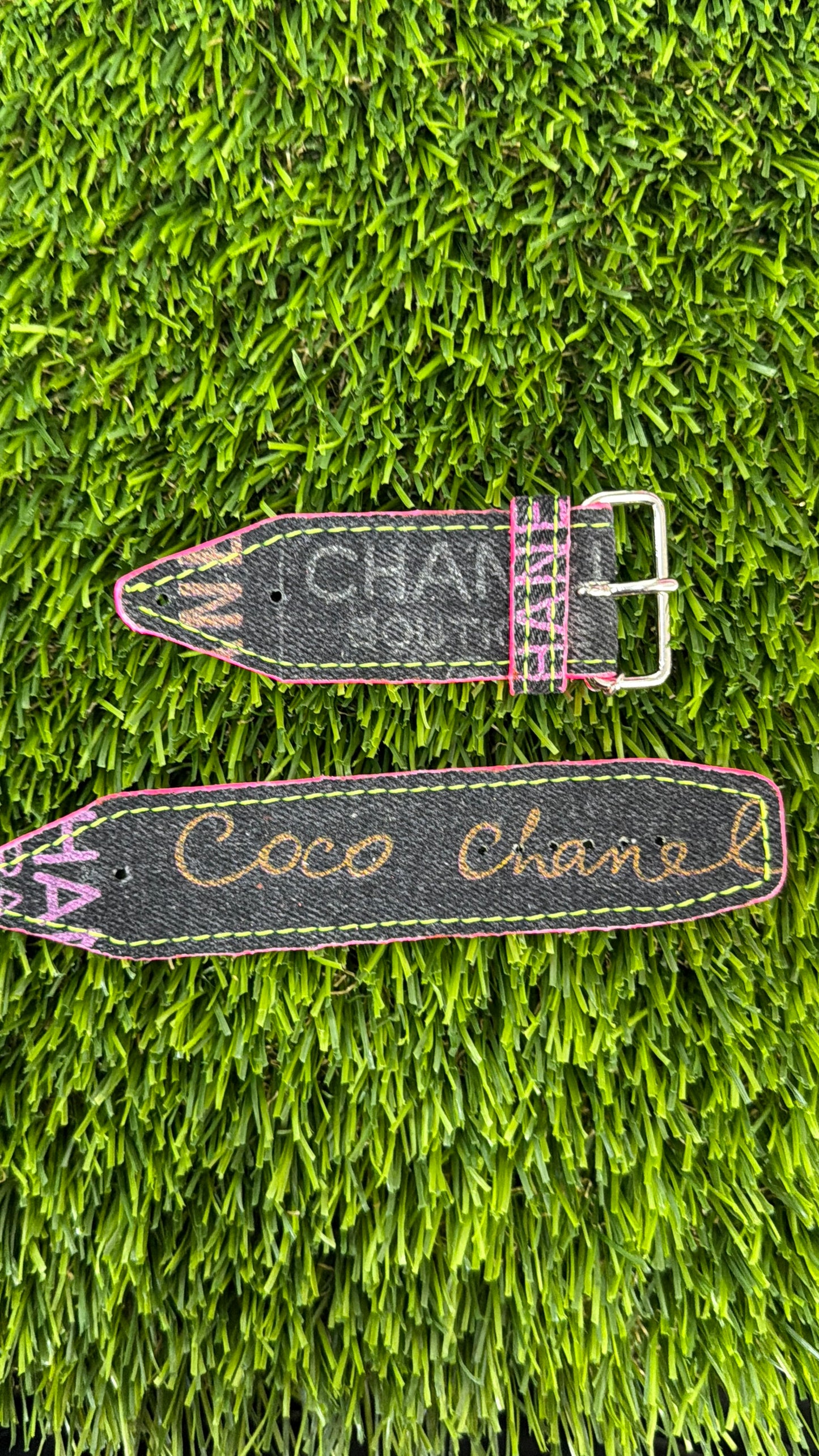OTD-Authentic Upcycled Chanel Black Denim Neon Pink w/ Neon Yellow
