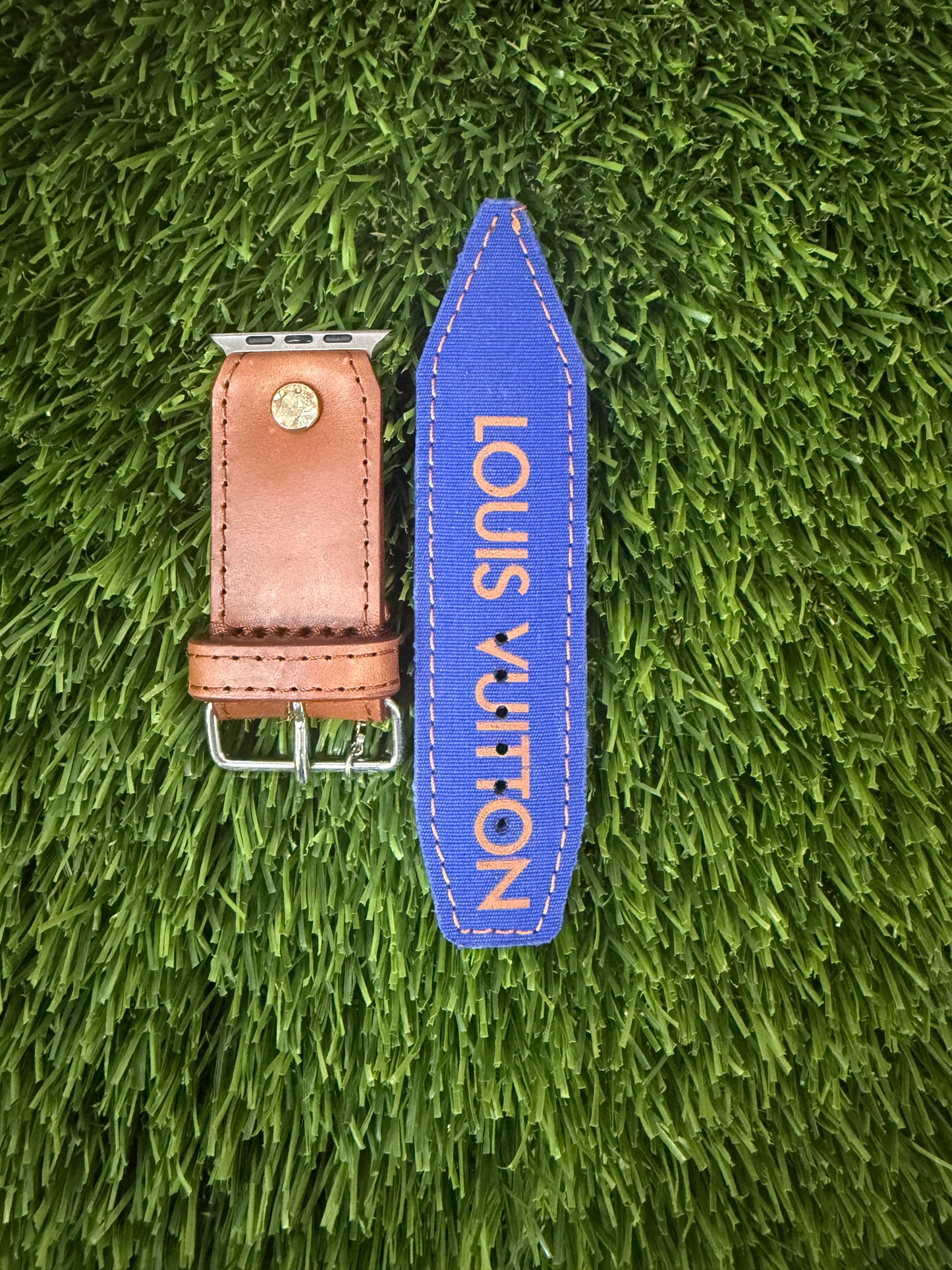 LV Upcycled Blue Ribbon Band with leather Tongue